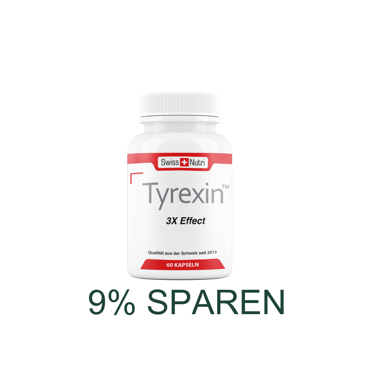 Tyrexin von Swiss Nutri – Dose mit 60 Kapseln, Schweizer Qualität seit 2013, mit 9% Rabatt vor grünem Hintergrund.