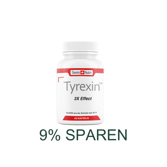 Tyrexin von Swiss Nutri – Dose mit 60 Kapseln, Schweizer Qualität seit 2013, mit 9% Rabatt vor grünem Hintergrund.