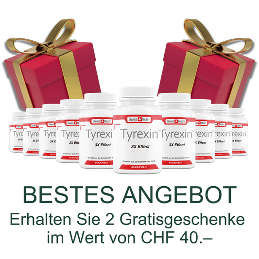 Tyrexin Vorteilspaket von Swiss Nutri mit mehreren Produkten und zwei Geschenkboxen, beworben als bestes Angebot mit Gratiszugaben im Wert von CHF 40.