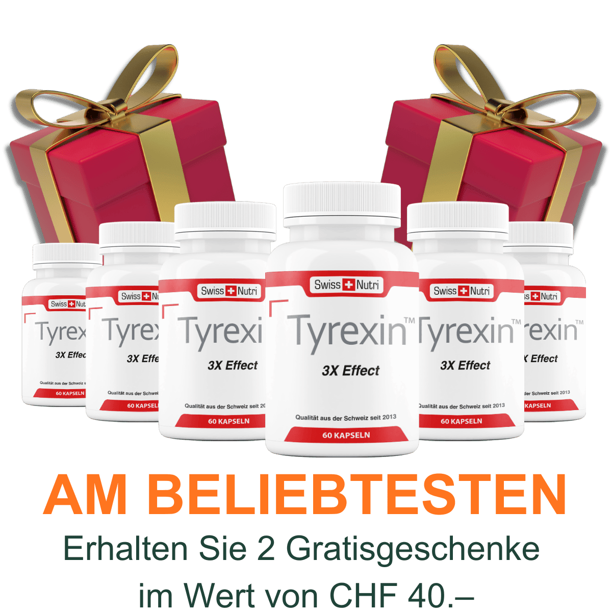 Mehrere Tyrexin Produkte von Swiss Nutri als Vorteilsset mit zwei Geschenkboxen und Hinweis auf zwei Gratisgeschenke im Wert von CHF 40.