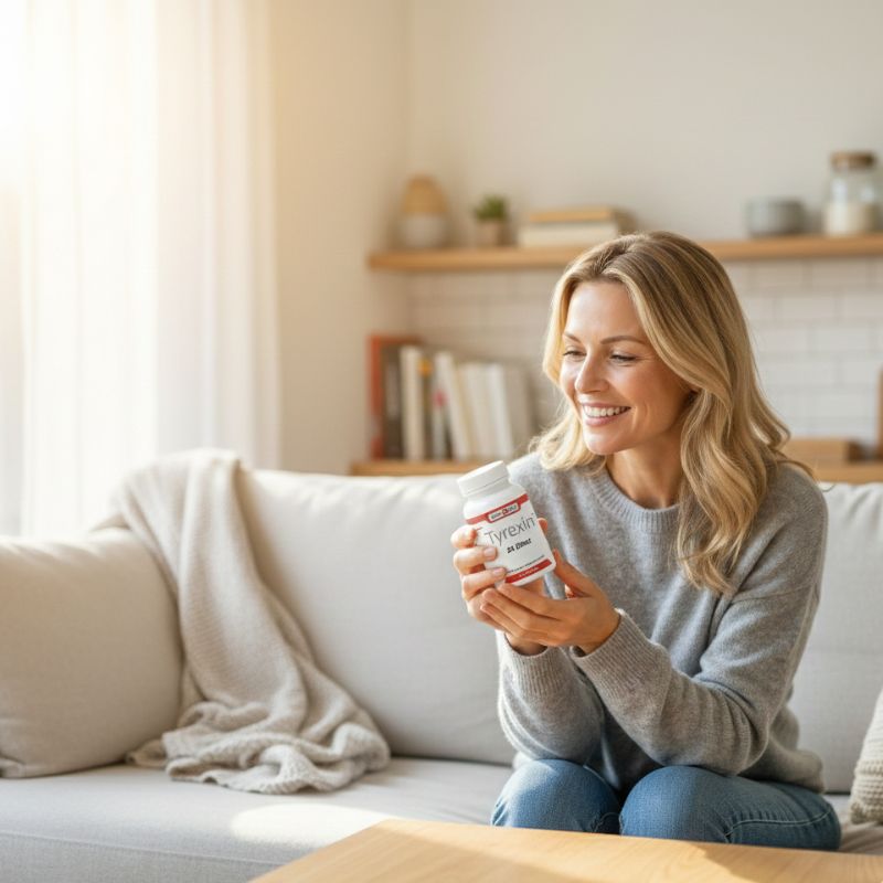 Blonde Frau im hellen Wohnzimmer sitzt auf dem Sofa und betrachtet Tyrexin von Swiss Nutri in moderner Wohnatmosphäre.