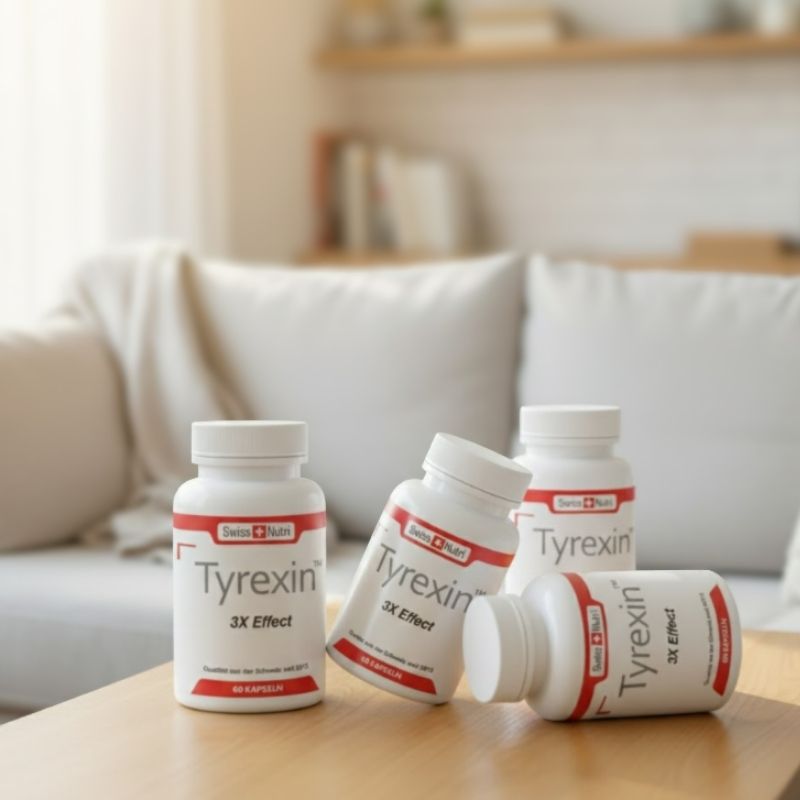 Mehrere Dosen Tyrexin von Swiss Nutri mit 60 Kapseln auf Holztisch vor Sofa im hellen Wohnraum arrangiert.