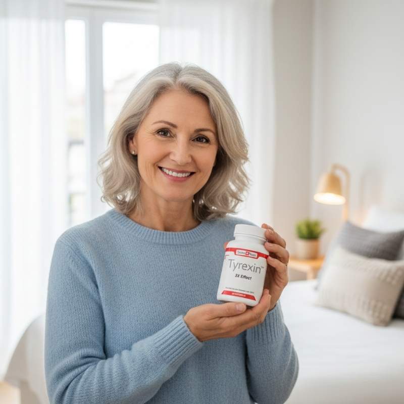 Frau mittleren Alters in hellem Wohnraum hält Tyrexin von Swiss Nutri mit 60 Kapseln in der Hand und lächelt in die Kamera.